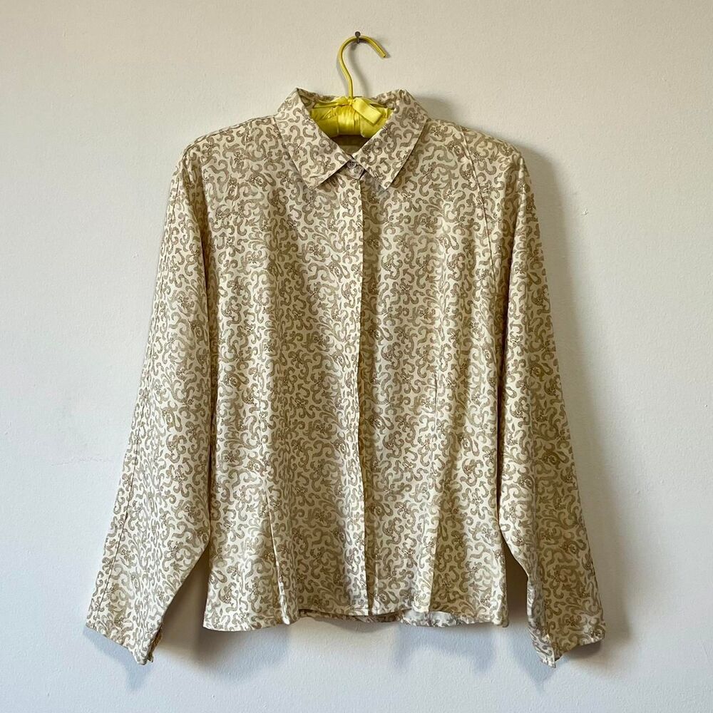 Vintage Silk Blouse 1980s Ann Taylor Dolman Sleeve Cream Tan Print Size 10